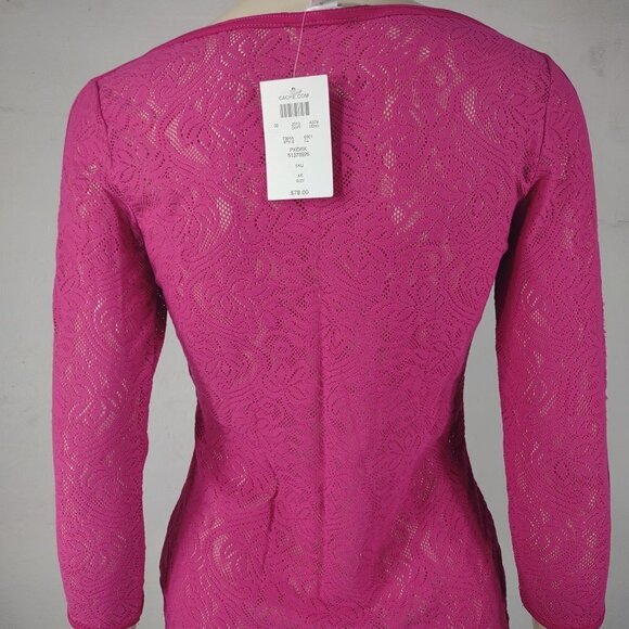 NWT Cache pink sheer laser cut stretch lace tee blouse shirt ladies XS - Picture 4 of 8